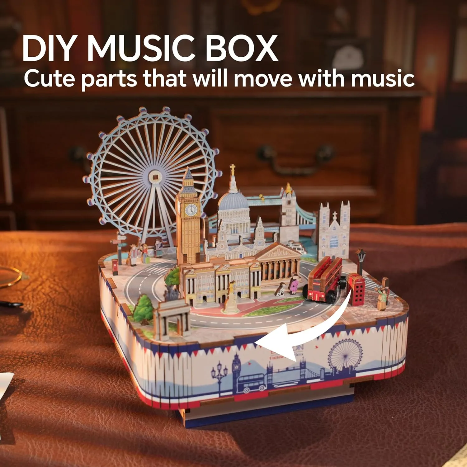 Birthday Gift (London Music Box) Tonecheer Wooden Music Box Puzzle for Adults,DIY Rotating Music Box Kit 3D Creative Musical Puzzle Crafts Model Building nor scratch Kits Desk Decor for Teens Kids 