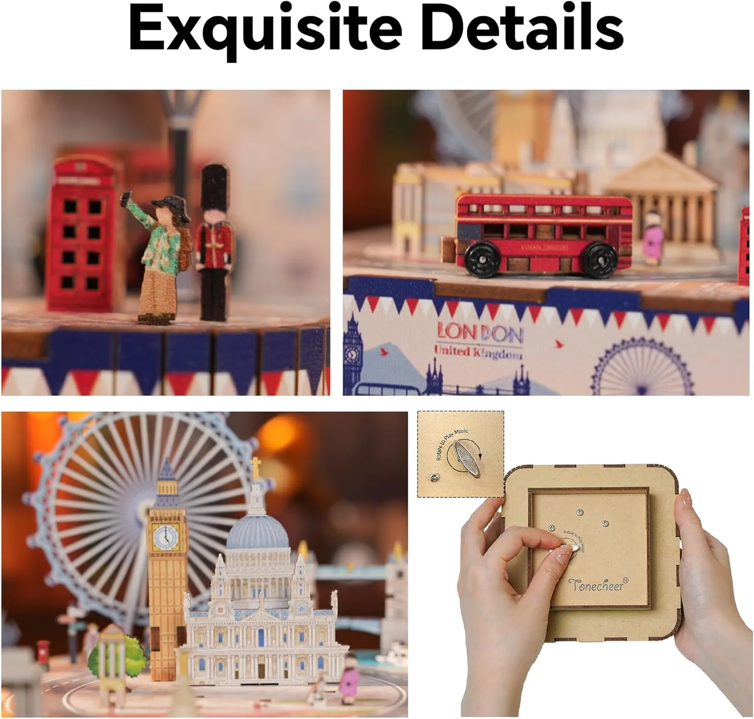 Birthday Gift (London Music Box) Tonecheer Wooden Music Box Puzzle for Adults,DIY Rotating Music Box Kit 3D Creative Musical Puzzle Crafts Model Building nor scratch Kits Desk Decor for Teens Kids 