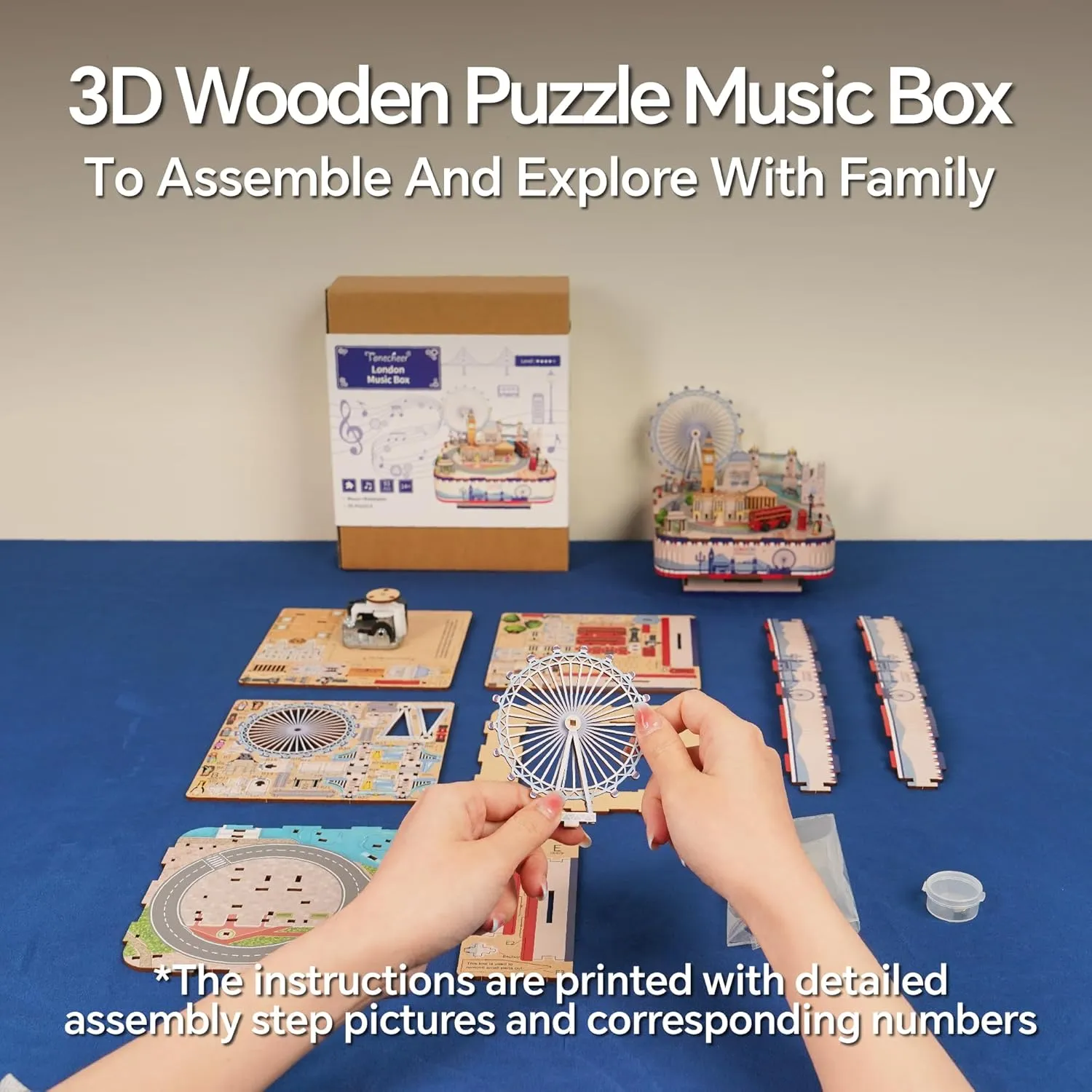 Birthday Gift (London Music Box) Tonecheer Wooden Music Box Puzzle for Adults,DIY Rotating Music Box Kit 3D Creative Musical Puzzle Crafts Model Building nor scratch Kits Desk Decor for Teens Kids 