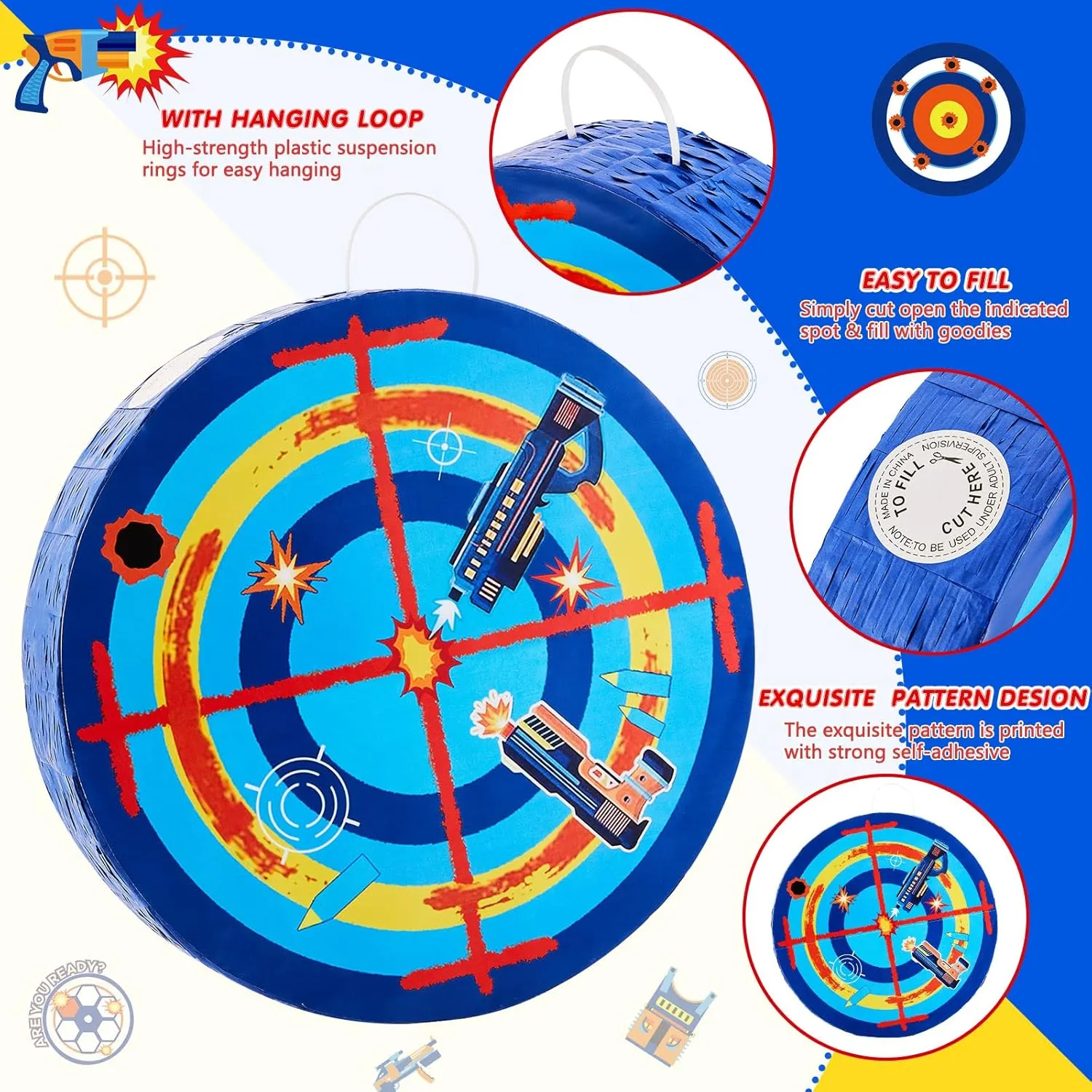 Birthday Parties$ Kids Carnival$ Holiday Lewtemi 13.3 Inch Shooting Targets Pi?ata Dart Theme Battle Pi?ata Set cavendish spatial with Blindfold$ Stick and Confetti Birthday Boy Decorations for Gun 