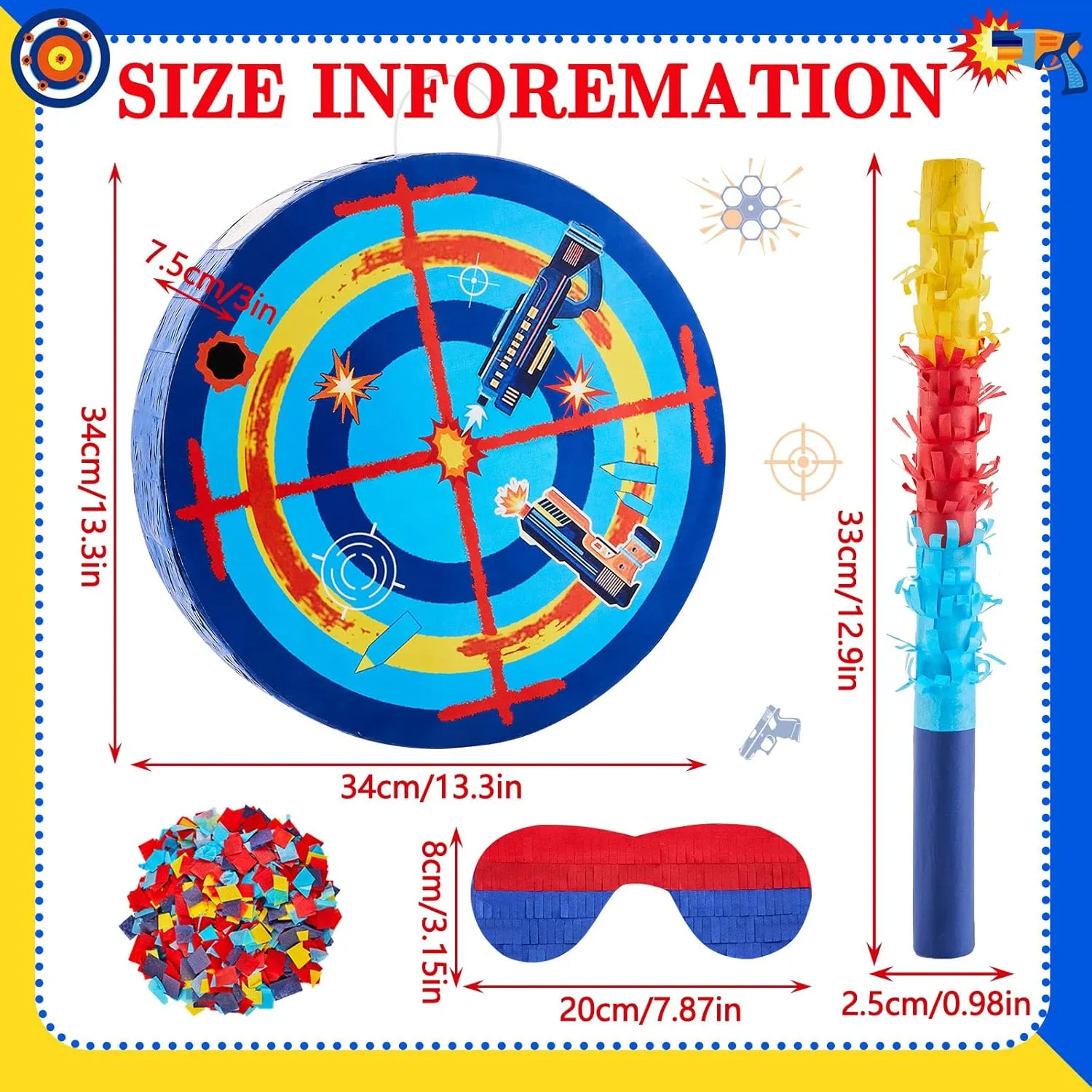 Birthday Parties$ Kids Carnival$ Holiday Lewtemi 13.3 Inch Shooting Targets Pi?ata Dart Theme Battle Pi?ata Set cavendish spatial with Blindfold$ Stick and Confetti Birthday Boy Decorations for Gun 