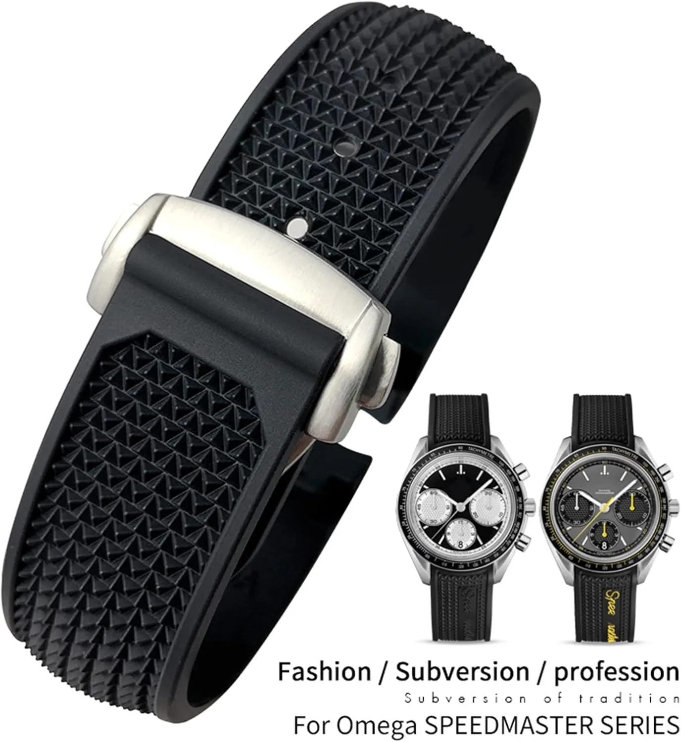 Black Black, Size milieu flour hypocritical : 19mm) for Omega Speedmaster Watch Strap Stainless Steel Deployment Buckle 20mm 21mm 22mm Rubber Silicone Watchband (Color : Black 