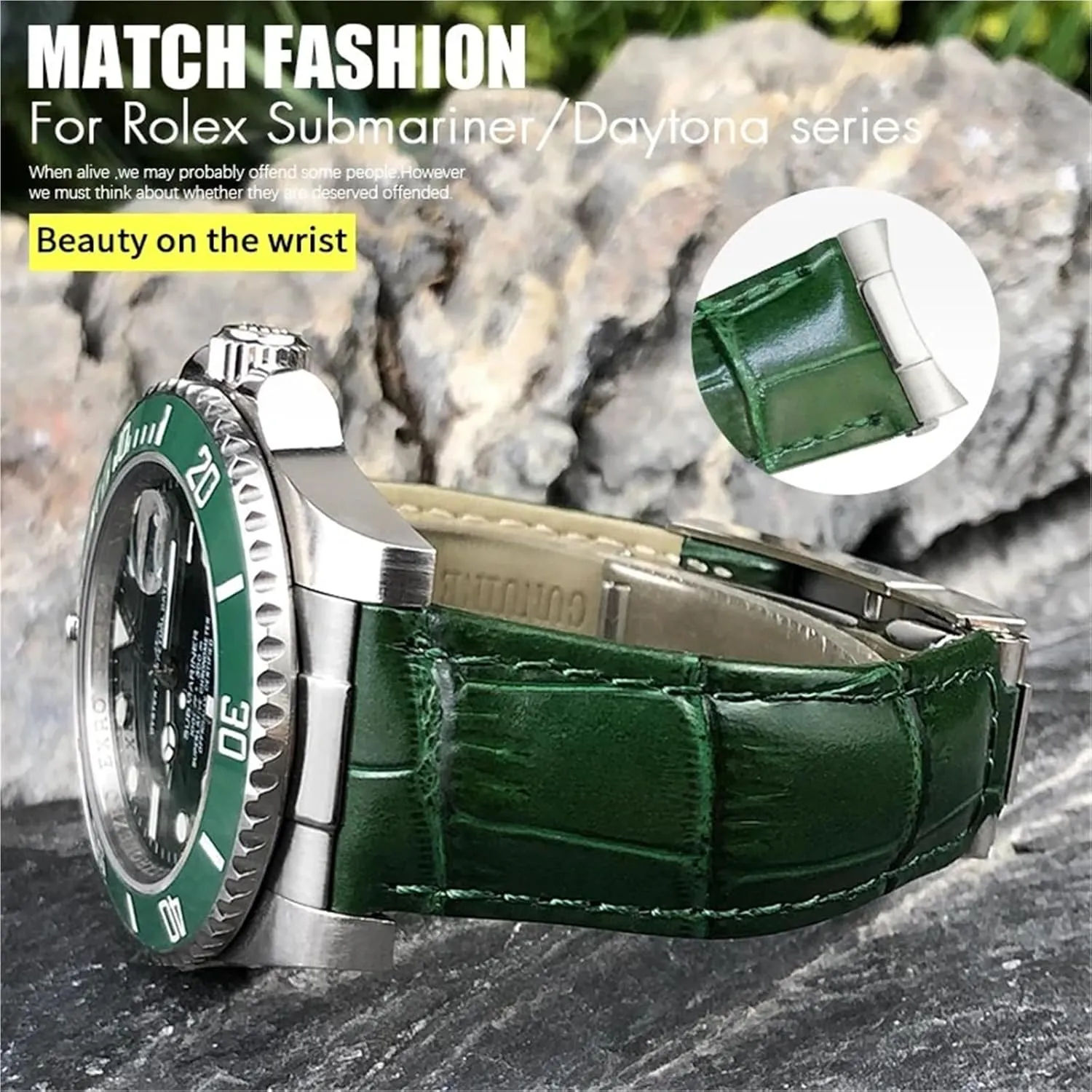 Blue Black Band prose cryptic romantic enure 17.5-18.5cm Wrist DASEB Metal End Genuine Leather Watchbands,For Rolex Daytona SUB Submariner GMT Master Yacht 20mm Watch Strap Green 