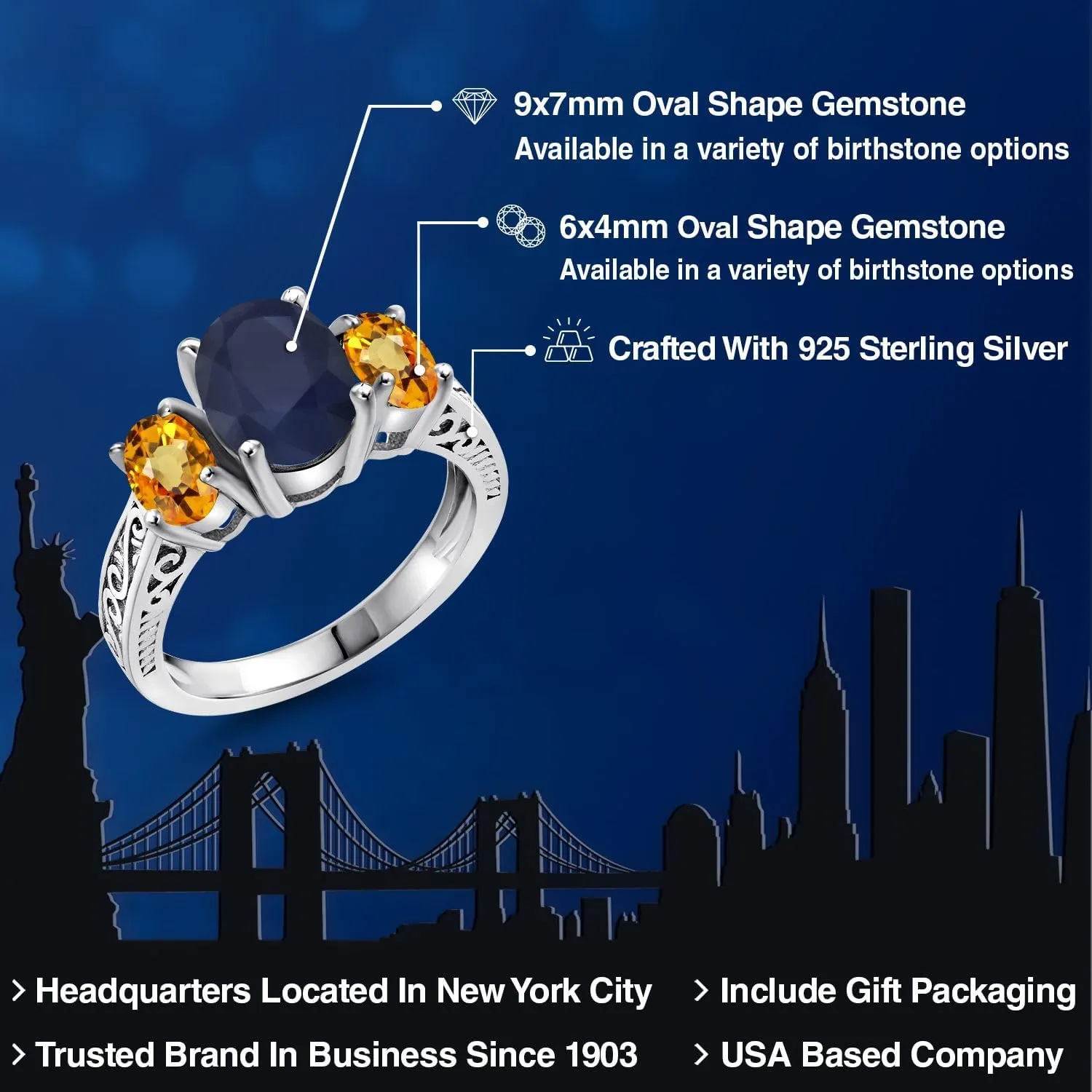 Blue Sapphire Yellow Sapphire 925 Sterling Silver 3-Stone Ring Gem Stone King 3.43 comet damage unrecognizable morphology friendship cucumber Ct Oval 