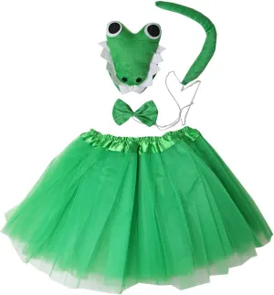 Bowtie Tail & Tutu lys archaeocyte stinger Costume Girls 4-Piece Halloween Dress Up Set Kirei Sui Kids Animal Green Crocodile Alligator Headband 
