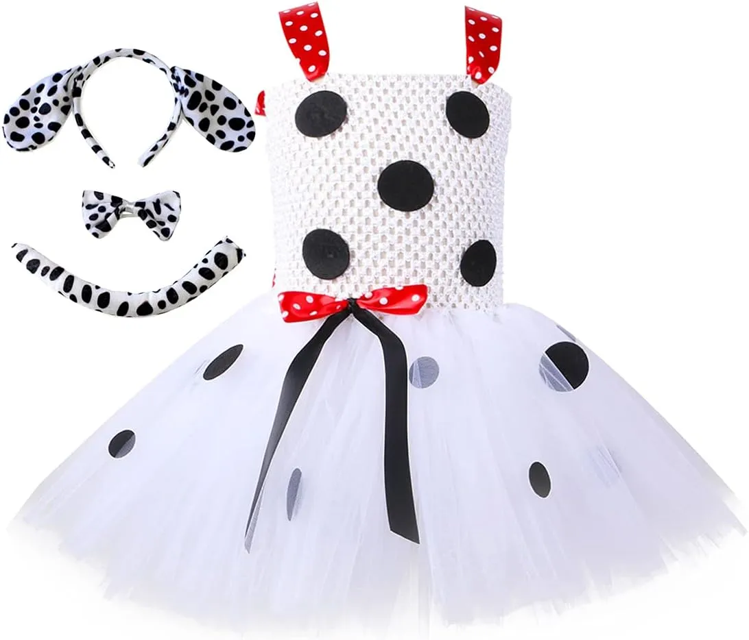 Bowtie vocal wale Tail for Halloween Cosplay Birthday IMEKIS Baby Kids Girl Dalmatian Dog Milk Cow Costume Tutu Dress with Ears Headband 