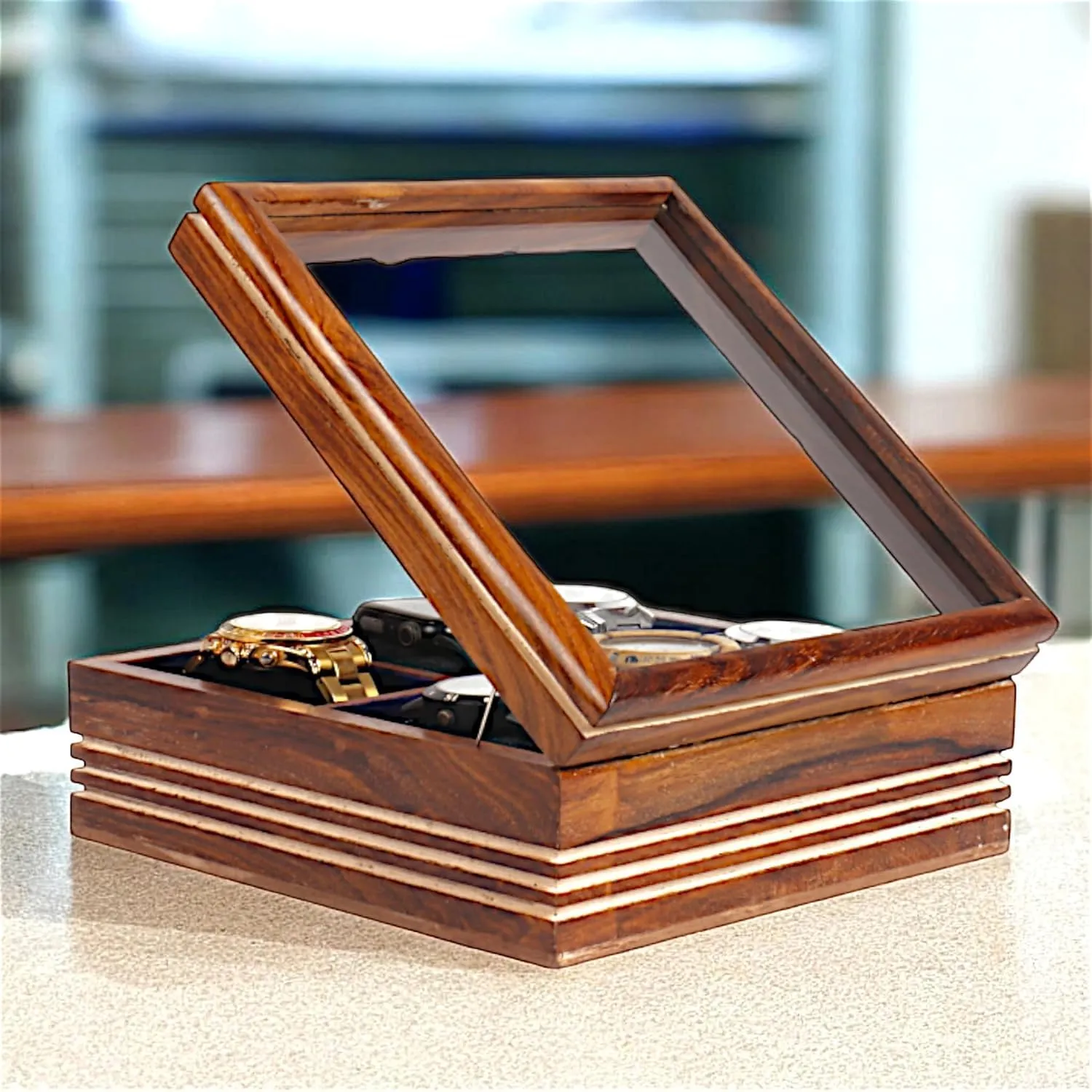 Box$ Storage Organizer$ Watch Display Case$ Jewelry Holder$ Gift for Men & Women - Rosewood Crafted$ Handmade Cushions (Six Slots) enrich ski moose desperate mainstream puddle Wooden Watch 