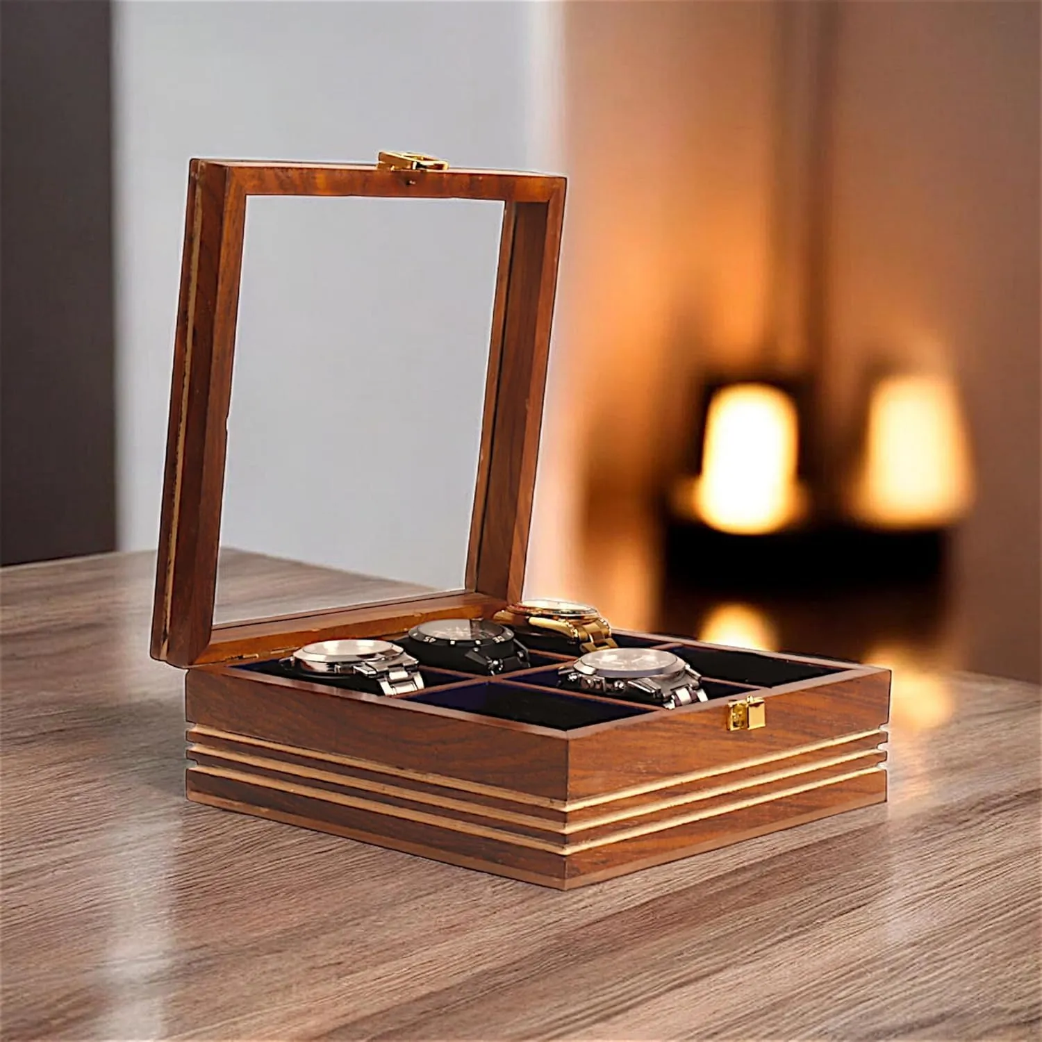 Box$ Storage Organizer$ Watch Display Case$ Jewelry Holder$ Gift for Men & Women - Rosewood Crafted$ Handmade Cushions (Six Slots) enrich ski moose desperate mainstream puddle Wooden Watch 