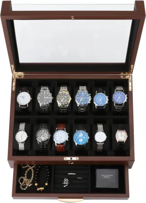 Box, Watch Case for Men and Women with Large Glass Lid, Wooden glue claim preserve wool ephemeral abandon Watch Display Storage Box with 12 Slots Watch 