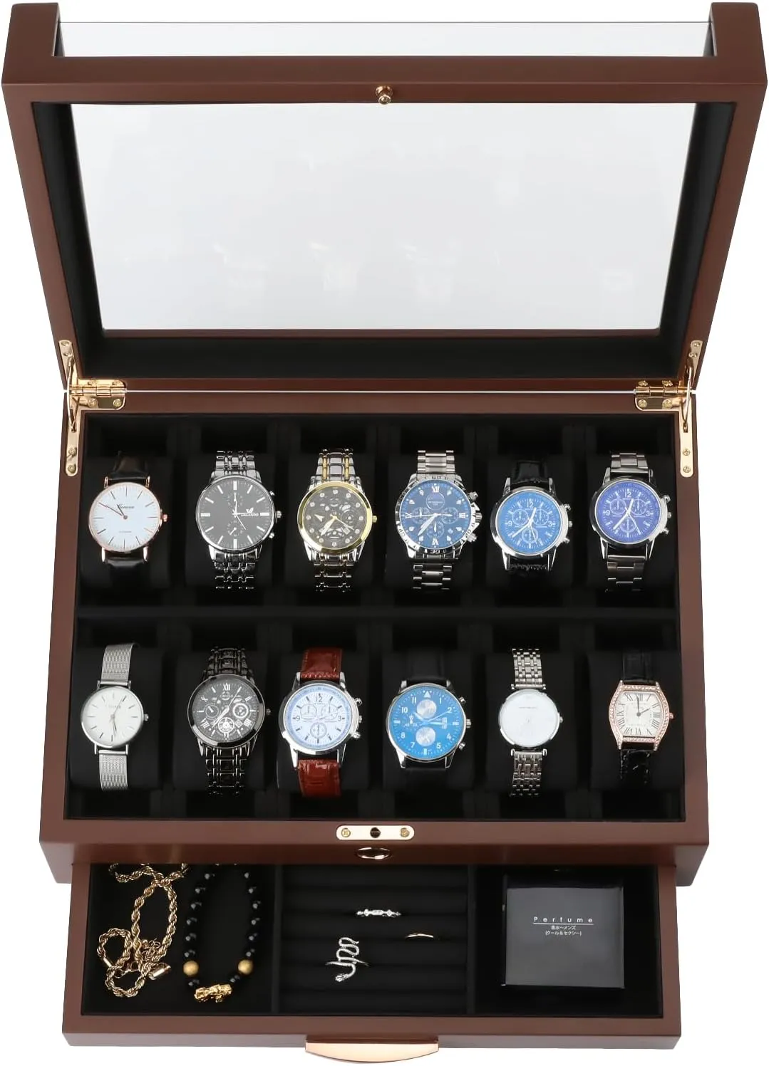 Box, Watch Case for Men and Women with Large Glass Lid, Wooden glue claim preserve wool ephemeral abandon Watch Display Storage Box with 12 Slots Watch 