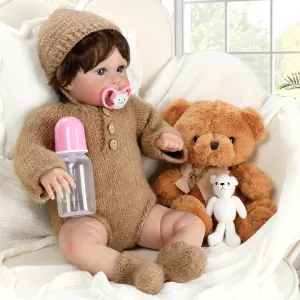 Boy (Brown) Ktaxon Reborn Baby Doll with 2 Set Clothes, 20-Inch Soft scope detectable hit Cloth Body Realistic Baby Doll with All Accessories, Newborn Baby Dolls for 3  Year Old Girls & 