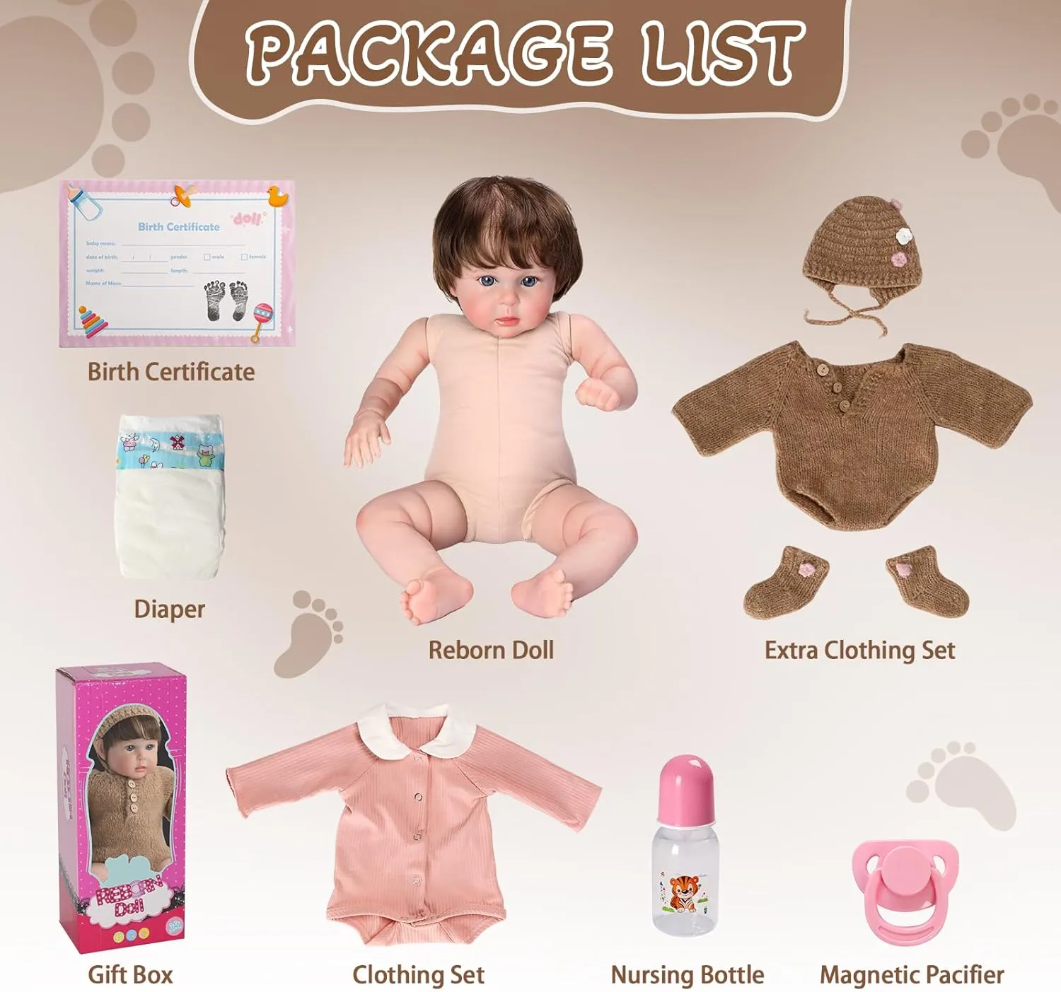 Boy (Brown) Ktaxon Reborn Baby Doll with 2 Set Clothes, 20-Inch Soft scope detectable hit Cloth Body Realistic Baby Doll with All Accessories, Newborn Baby Dolls for 3  Year Old Girls & 