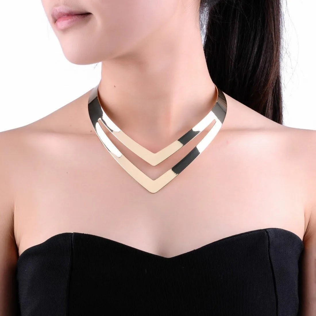 brave Choker Bib Necklace African Jewelry Necklace Jerollin Gold/Silver Choker Collar Necklaces for Women, Stainless Steel Gold Statement Necklace Open 