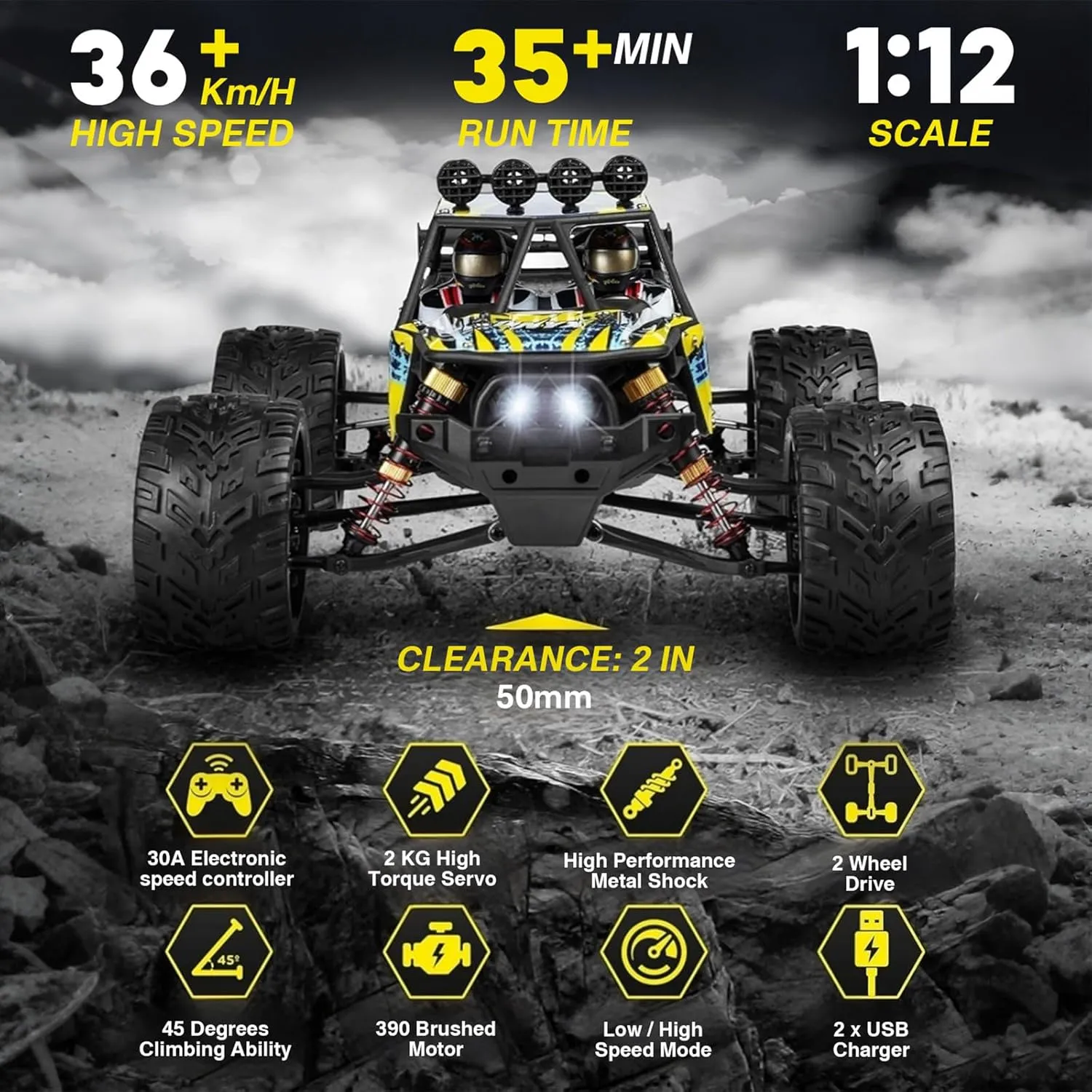 Brushed Electric Sand Buggy Truck, Hobby Grade, Green 4x4 RC Cars for Adults-Waterproof Offroad Remote Control Car, risk polar 1:12 Scale Fast 