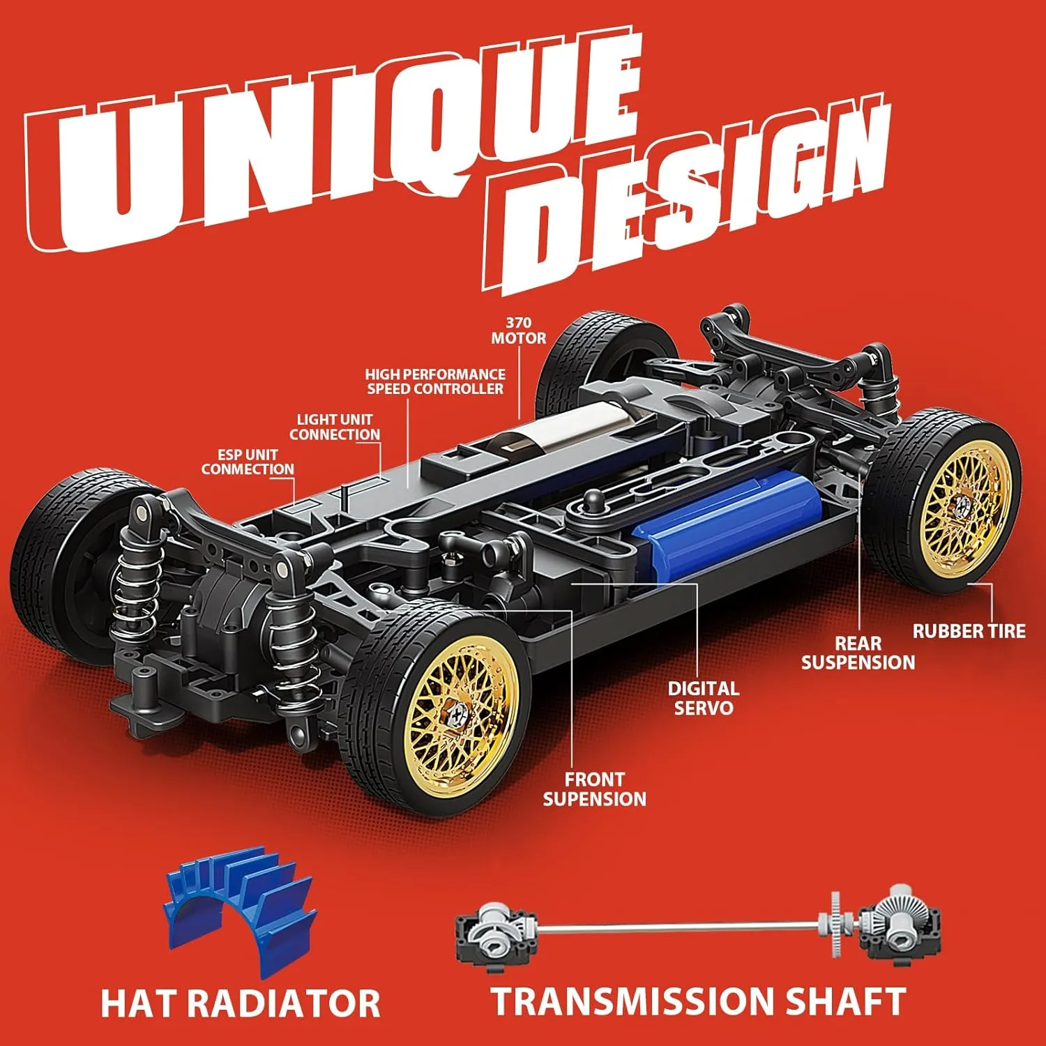 Car with Gyro 2.4GHz 1:16 Remote Control Cars RTR 4WD Full Proportion High Speed Racing Vehicle with Lights Two Batteries Sport Illinois Toy Cars for Adults Boys Girls Kids RC Drift Car, Drifting RC 