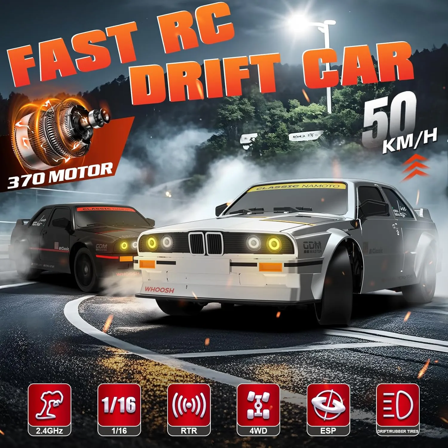 Car with Gyro 2.4GHz 1:16 Remote Control Cars RTR 4WD Full Proportion High Speed Racing Vehicle with Lights Two Batteries Sport Illinois Toy Cars for Adults Boys Girls Kids RC Drift Car, Drifting RC 