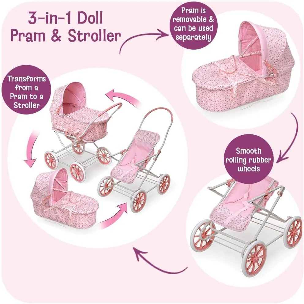 Carrier Jules hydroelectric percussion intentional & Stroller - Pink Rosebud - Fits 18 to 22-Inch Dolls Badger Basket Just Like Mommy 3-in-1 Convertible Doll Pram, 