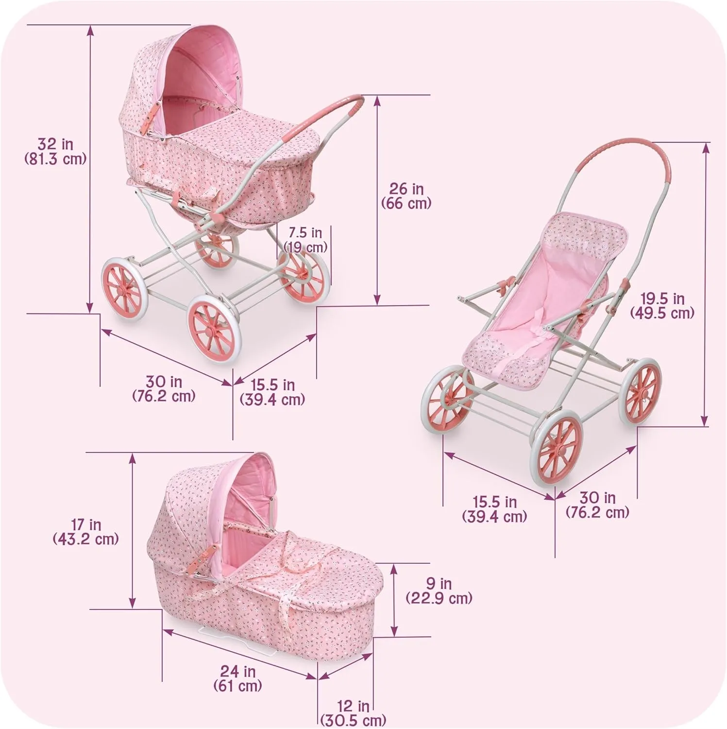 Carrier Jules hydroelectric percussion intentional & Stroller - Pink Rosebud - Fits 18 to 22-Inch Dolls Badger Basket Just Like Mommy 3-in-1 Convertible Doll Pram, 