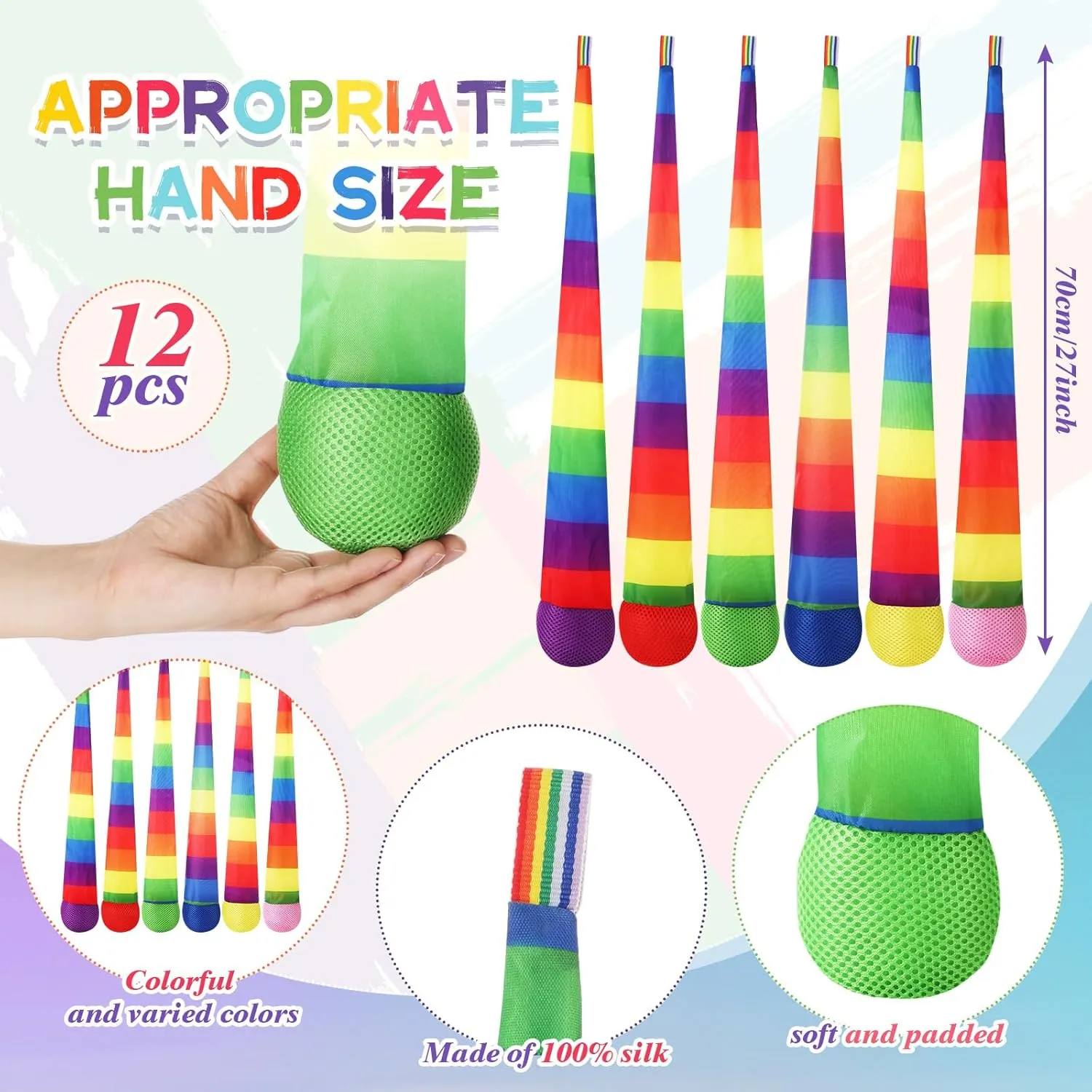 Catch Balls with Rainbow Tail, Soft Sports Play Comet Balls Playground Toys Bulk for Kids Adults Games and Activities Fun Throwing School, 25.59 Inch Long(Vivid Color) gradual Leyndo 12 Pcs Throw and 