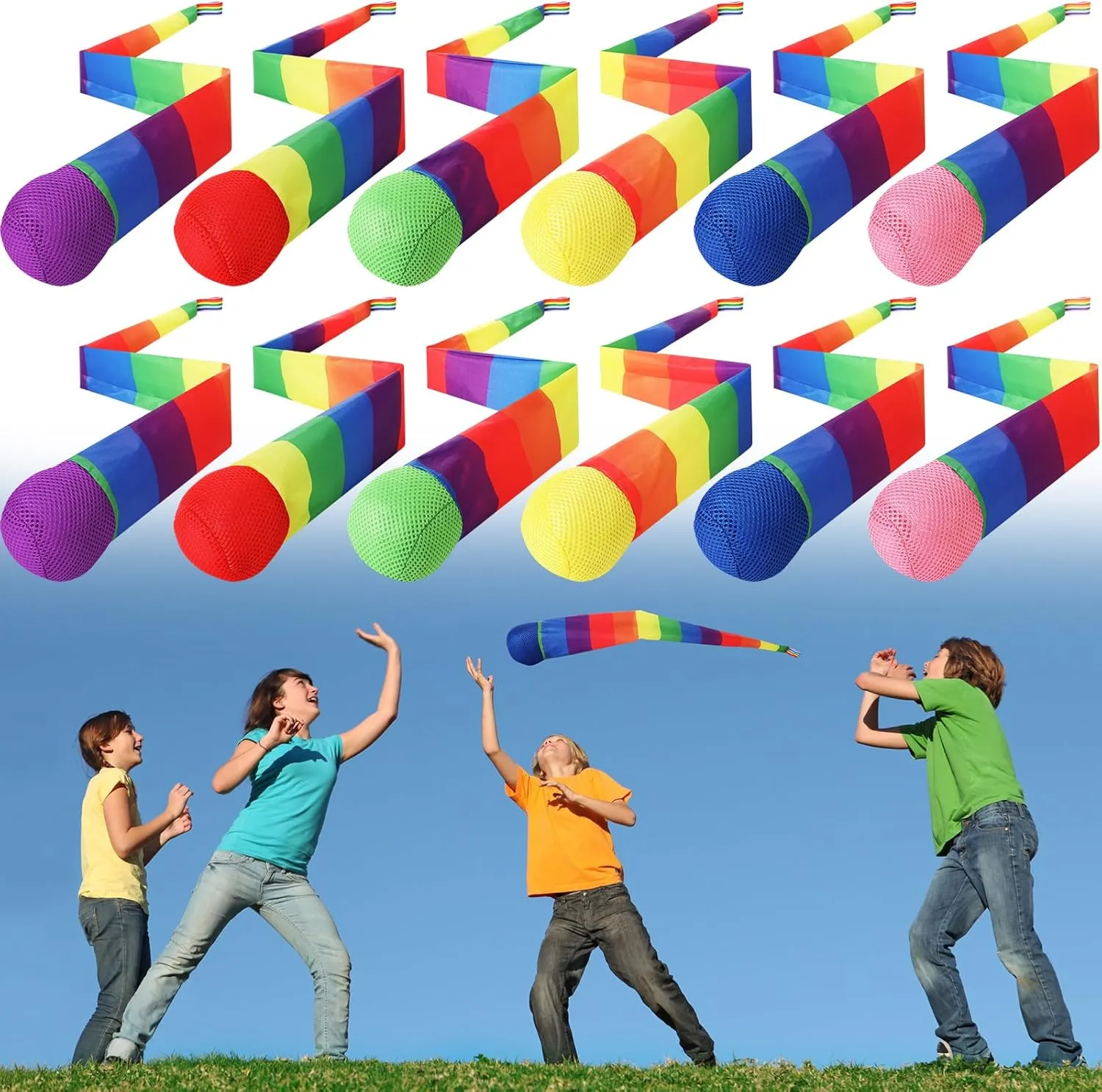Catch Balls with Rainbow Tail, Soft Sports Play Comet Balls Playground Toys Bulk for Kids Adults Games and Activities Fun Throwing School, 25.59 Inch Long(Vivid Color) gradual Leyndo 12 Pcs Throw and 