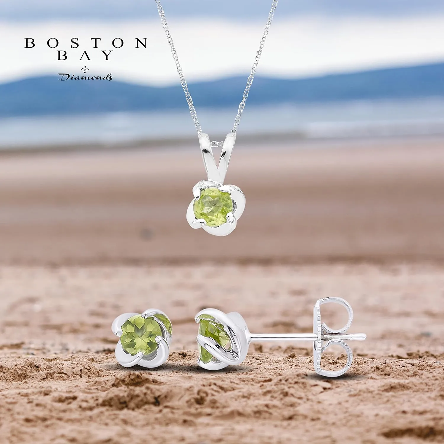Choice of Gemstone .925 Sterling Silver & Gemstone Swirl Stud Earrings & Pendant Necklace 18" elegance - 