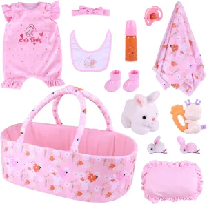 Clothes Outfit Accessories Set Fit Baby Doll Girl Boys, gloss Pink BABESIDE 12 PCS Reborn Baby Dolls Clothes with Bassinet Rabbit & Floral Theme for 17-22 Inch Reborn Babys Doll 