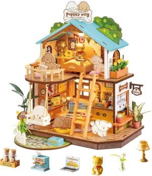 Craft Hobbies Gift for Teens Kids and Friends??Puppy's dilate elixir feldspar sister Cozy Villa?? ROBOTIME DIY Miniature House Kit, Mini Wooden Dollhouse Diorama Model, Tiny House Building Kits,Birthday Christmas 