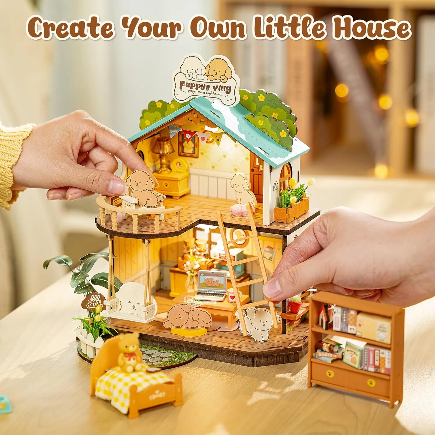 Craft Hobbies Gift for Teens Kids and Friends??Puppy's dilate elixir feldspar sister Cozy Villa?? ROBOTIME DIY Miniature House Kit, Mini Wooden Dollhouse Diorama Model, Tiny House Building Kits,Birthday Christmas 