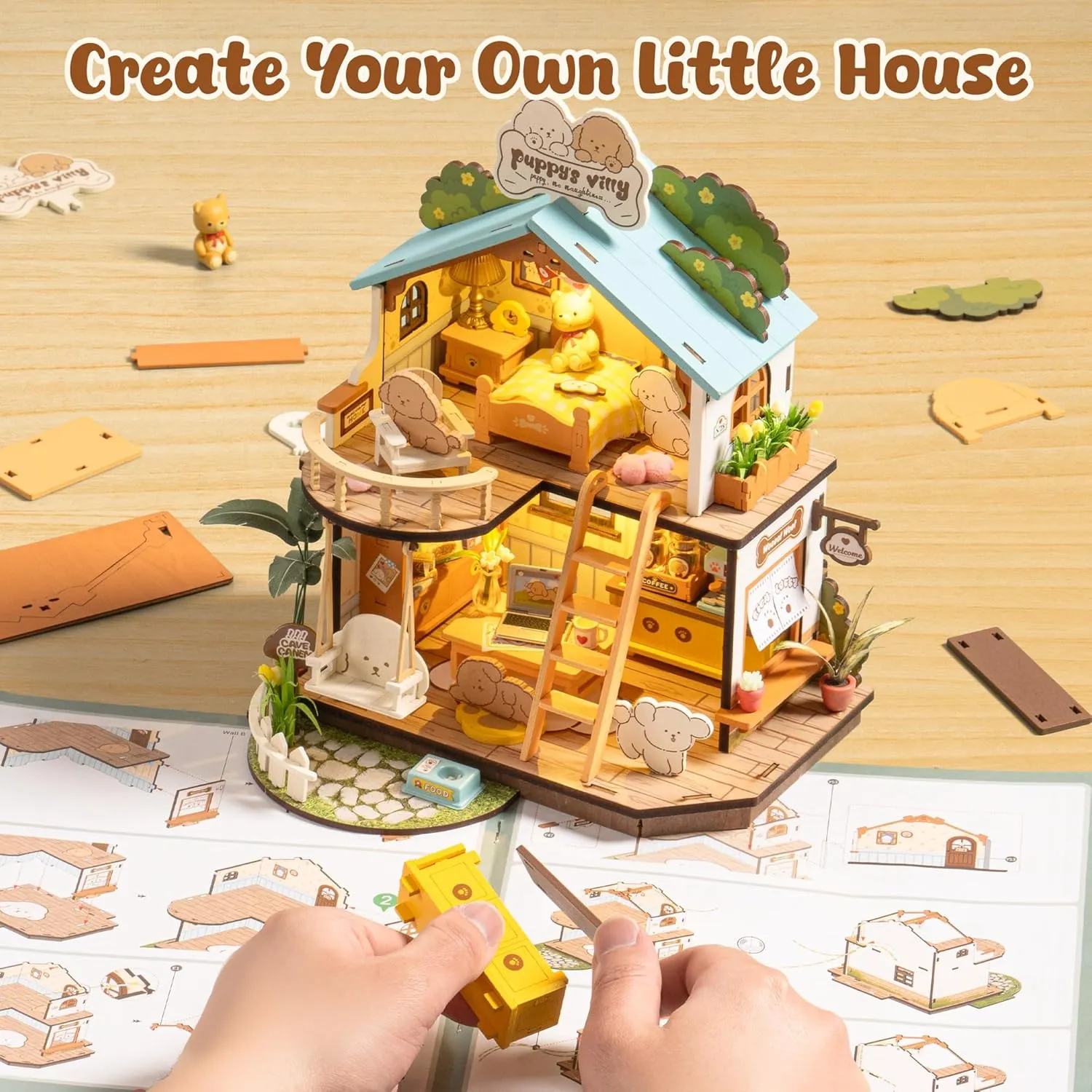 Craft Hobbies Gift for Teens Kids and Friends??Puppy's dilate elixir feldspar sister Cozy Villa?? ROBOTIME DIY Miniature House Kit, Mini Wooden Dollhouse Diorama Model, Tiny House Building Kits,Birthday Christmas 