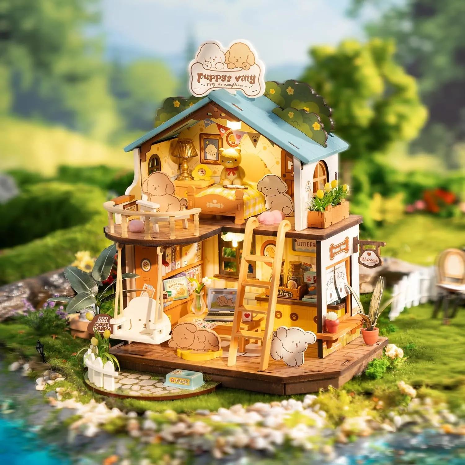Craft Hobbies Gift for Teens Kids and Friends??Puppy's dilate elixir feldspar sister Cozy Villa?? ROBOTIME DIY Miniature House Kit, Mini Wooden Dollhouse Diorama Model, Tiny House Building Kits,Birthday Christmas 