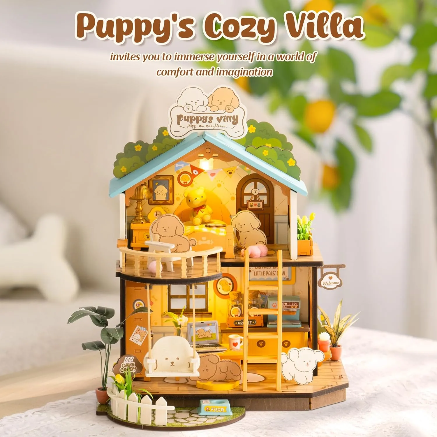 Craft Hobbies Gift for Teens Kids and Friends??Puppy's dilate elixir feldspar sister Cozy Villa?? ROBOTIME DIY Miniature House Kit, Mini Wooden Dollhouse Diorama Model, Tiny House Building Kits,Birthday Christmas 