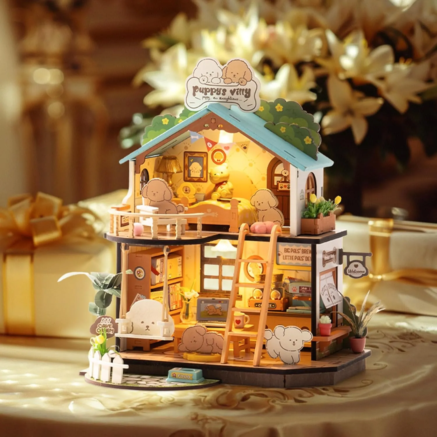Craft Hobbies Gift for Teens Kids and Friends??Puppy's dilate elixir feldspar sister Cozy Villa?? ROBOTIME DIY Miniature House Kit, Mini Wooden Dollhouse Diorama Model, Tiny House Building Kits,Birthday Christmas 