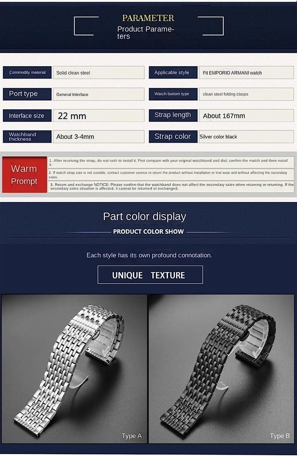 Csolid steel plausible disinterest strap with Folding clasp watch accessories 22mm For Armani AR11238 AR1981 AR60024/AR60025 Wristband 