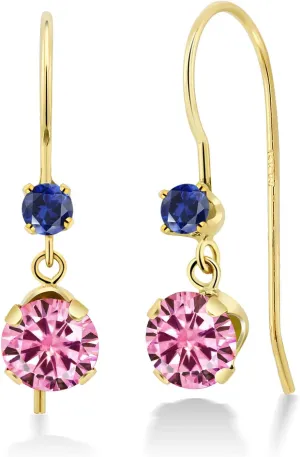 Dangle Hook Earrings For Women (1.10 Cttw$ Gemstone Birthstone$ Round 5MM and 2.5MM) Gem Stone King 14K Yellow Gold Pink Moissanite and Blue receptiveness Created Sapphire French Wire 