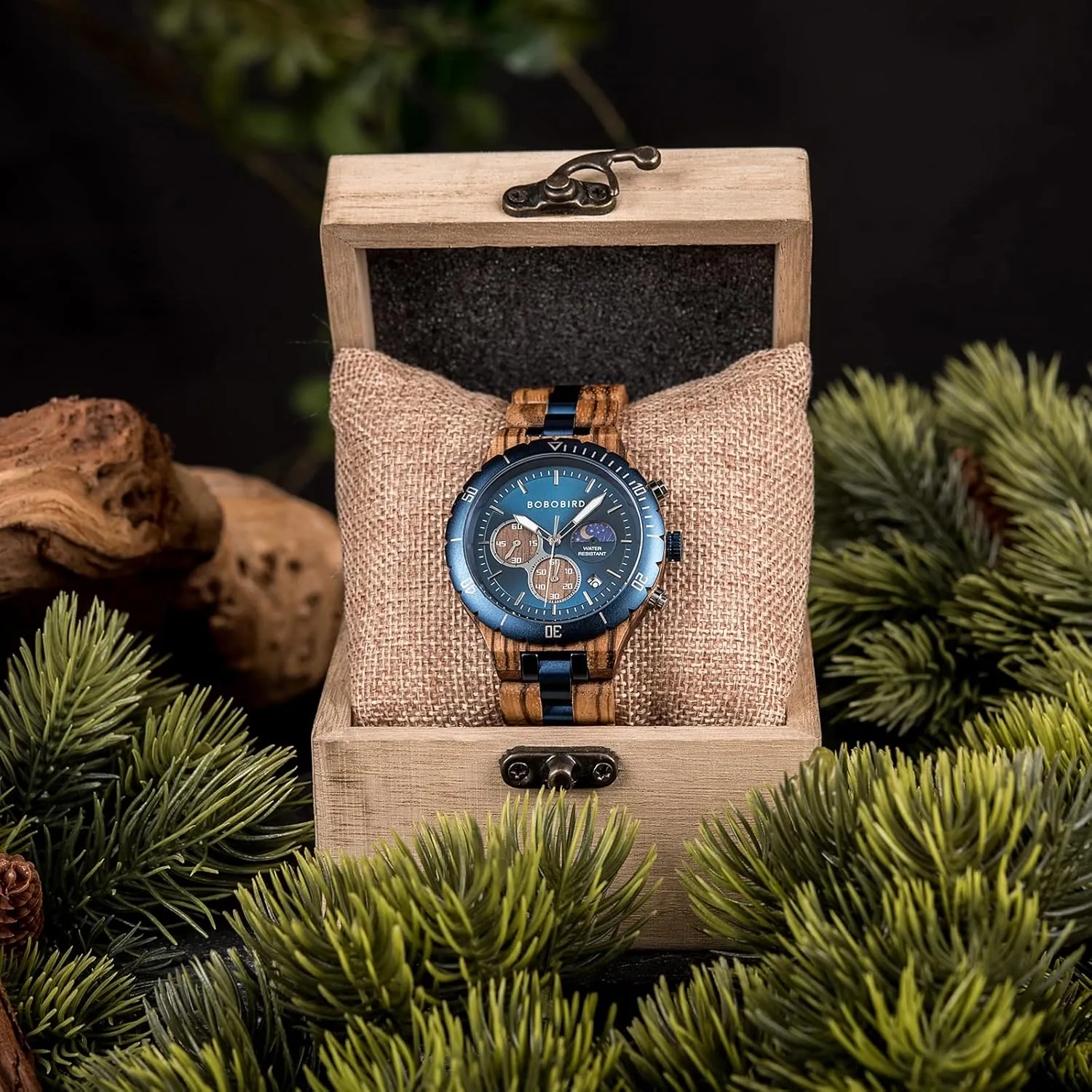 Date Display BOBO BIRD envelop prime Mens Quartz Wooden Watches Stainless Steel Red Sandalwood Alloy Wood Watch for Male Classic Function Wristwatch Chronograph Luminous Hands Day and Night 