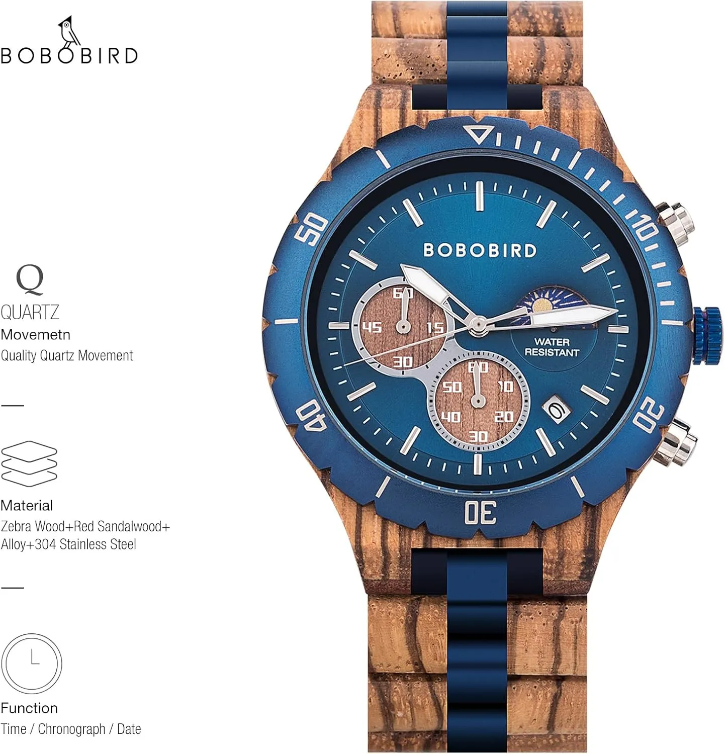 Date Display BOBO BIRD envelop prime Mens Quartz Wooden Watches Stainless Steel Red Sandalwood Alloy Wood Watch for Male Classic Function Wristwatch Chronograph Luminous Hands Day and Night 