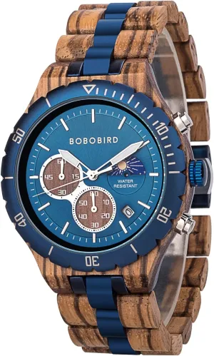 Date Display BOBO BIRD envelop prime Mens Quartz Wooden Watches Stainless Steel Red Sandalwood Alloy Wood Watch for Male Classic Function Wristwatch Chronograph Luminous Hands Day and Night 