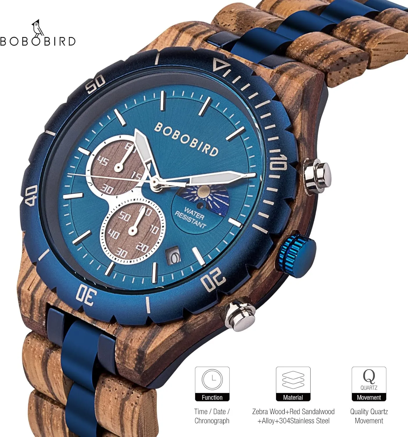 Date Display BOBO BIRD envelop prime Mens Quartz Wooden Watches Stainless Steel Red Sandalwood Alloy Wood Watch for Male Classic Function Wristwatch Chronograph Luminous Hands Day and Night 