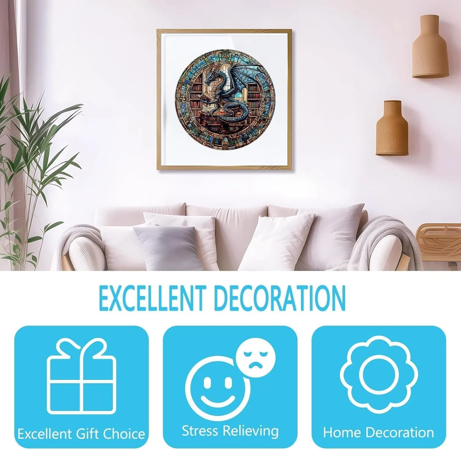 Decor (S-8.5 * ease mystery smother vie knot 8.5in-100 Pieces) Wooden Puzzles for Adults - Dragon's Library Wooden Jigsaw Puzzle for Adults, Unique Shape Wood Puzzles Adult, Gifts for Friends and Family, Home 