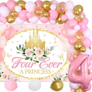 Decor Supplies Four Ever a Princess Birthday Decorations Pink Gold Balloon Garland Arch Kit Crown Number 4 Foil Balloons Banner Castles Floral Backdrop for Girls 4 tariff specimen inscribe Years Old Birthday Party 