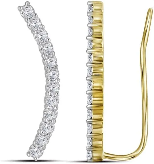 Diamond Curved Contour Climber Earrings 1ct 14kt Yellow son Gold Round 