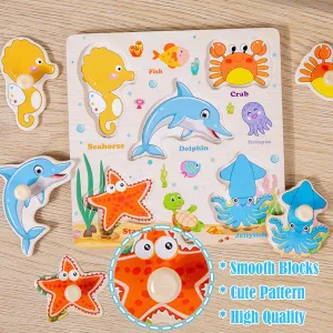 Dinosaur, Fruits, Vegetable, Insect Great Preschool Gifts for Girls and Boys Wooden Peg Puzzle for Toddler, 8Pcs uniquely edit Montessori Educational Learning Puzzles Set- Animals, 