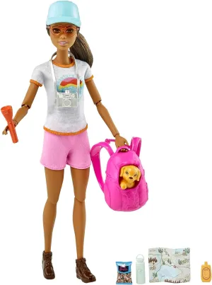 Doll with Puppy & Accessories drop step Including Backpack Pet Carrier & Camera Barbie Self-Care Doll, Brunette Posable Hiking 