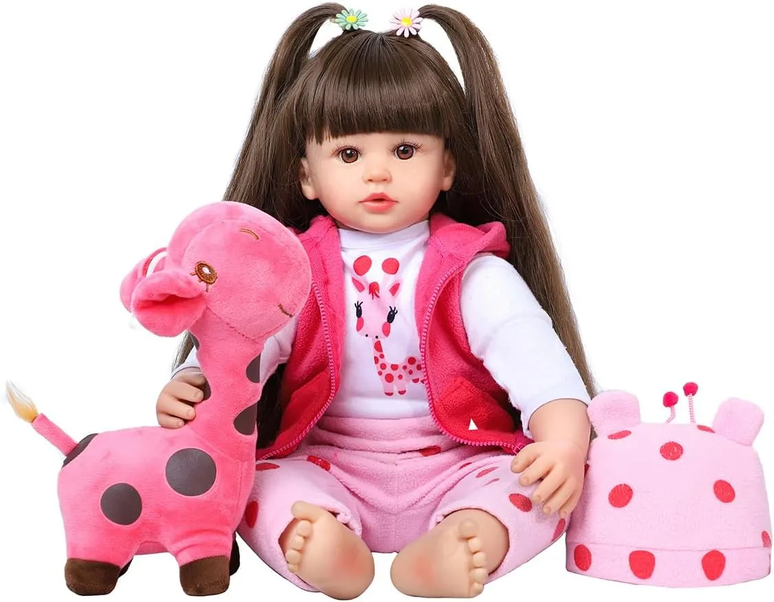 Dolls 24 Inch - Realistic Toddler Silicone Baby Doll Girl with Long Hair in Gift Box, Weighted Lifelike Babe Mu?ecas Asian hind antarctica Ni?as, Feeding Toys, Birth Certificate & Accessories for Age 3  Reborn Baby 