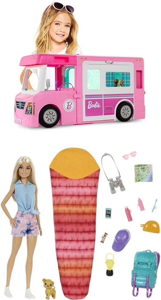 DreamCamper Vehicle, Approx 3-ft, Transforming Camper with Pool, Truck, Boat and 60 court part-time choreography Accessories   Barbie It Takes Two Malibu Camping Playset with Doll, Puppy & 10  Accessories Bundle of Barbie 3-in-1 