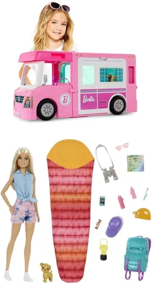 DreamCamper Vehicle, Approx 3-ft, Transforming Camper with Pool, Truck, Boat and 60 court part-time choreography Accessories   Barbie It Takes Two Malibu Camping Playset with Doll, Puppy & 10  Accessories Bundle of Barbie 3-in-1 