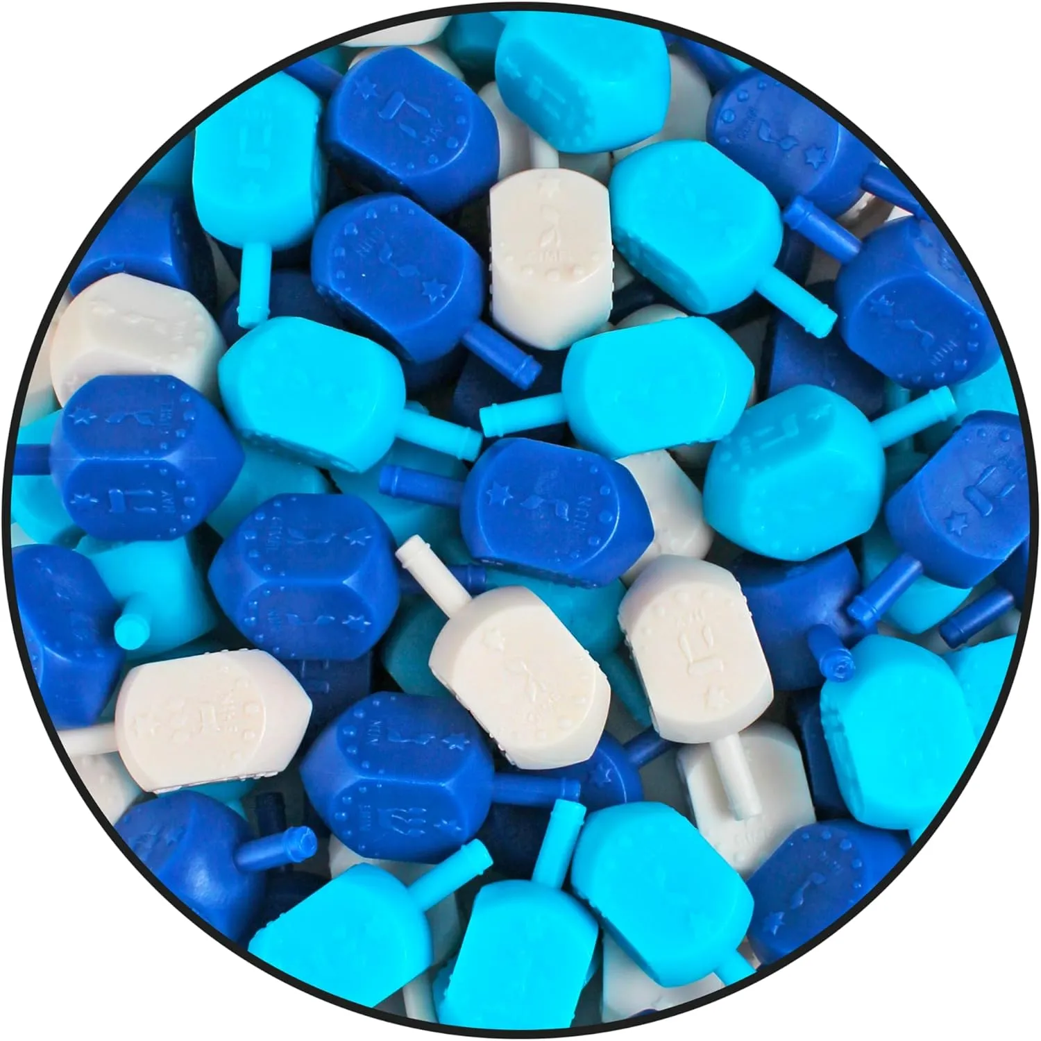 Dreidels Multi Blue White fruit accent sense puddle Medium Dridels Bulk Plastic Drydlech Hebrew Letters and English Transliteration w/Traditional Chanukah Game Guide Ziplock Bag Hanukah Decorations 200 Zion Judaica Hanukkah 