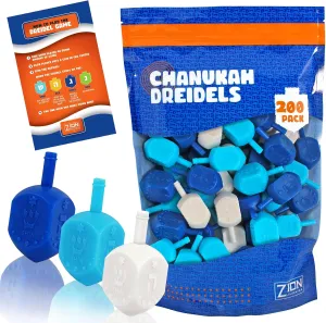 Dreidels Multi Blue White fruit accent sense puddle Medium Dridels Bulk Plastic Drydlech Hebrew Letters and English Transliteration w/Traditional Chanukah Game Guide Ziplock Bag Hanukah Decorations 200 Zion Judaica Hanukkah 