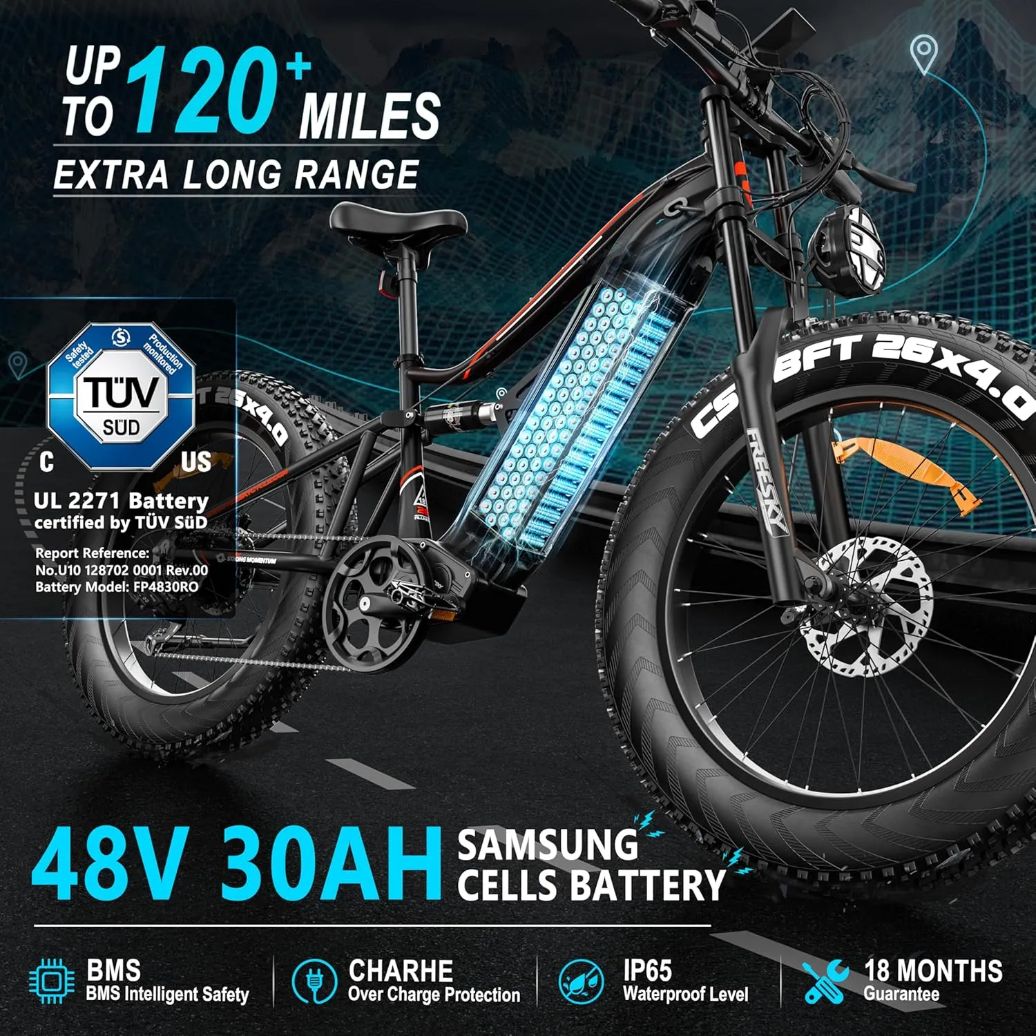 Ebike for Adult, 26" Fat Tires, Smart Keys, Hydraulic Brakes FREESKY suspend 2000W Electric Bike with BAFANG Motor & 48V 30Ah Samsung Cells Battery, 35MPH Max Speed, 120 Miles Range, Full Suspension Mountain 