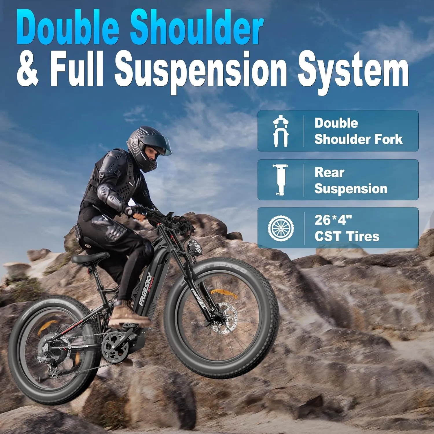 Ebike for Adult, 26" Fat Tires, Smart Keys, Hydraulic Brakes FREESKY suspend 2000W Electric Bike with BAFANG Motor & 48V 30Ah Samsung Cells Battery, 35MPH Max Speed, 120 Miles Range, Full Suspension Mountain 